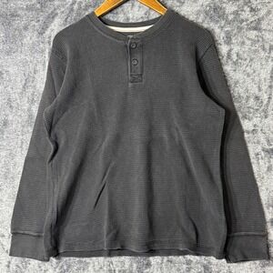 Faded Glory Henley Thermal Shirt Black Long Sleeve Waffle Knit Organic Cotton M